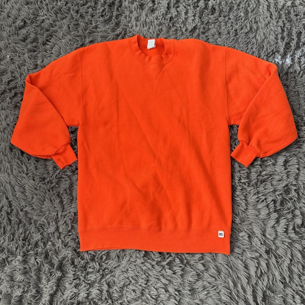 Vintage 90's Russell Athletic Orange Blank Crewneck Sweatshirt Size XL Made USA